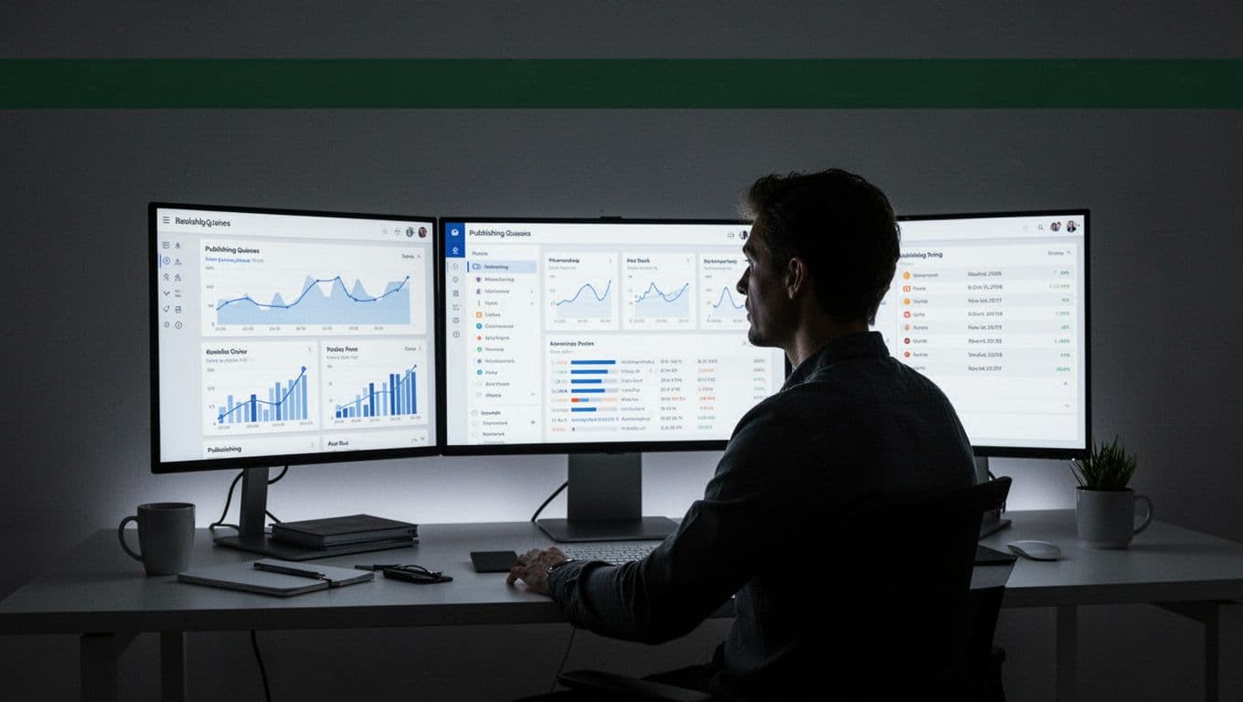 A polished analytics workspace with publishing panels and a silhouetted figure.