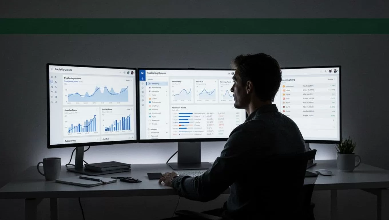 A polished analytics workspace with publishing panels and a silhouetted figure.