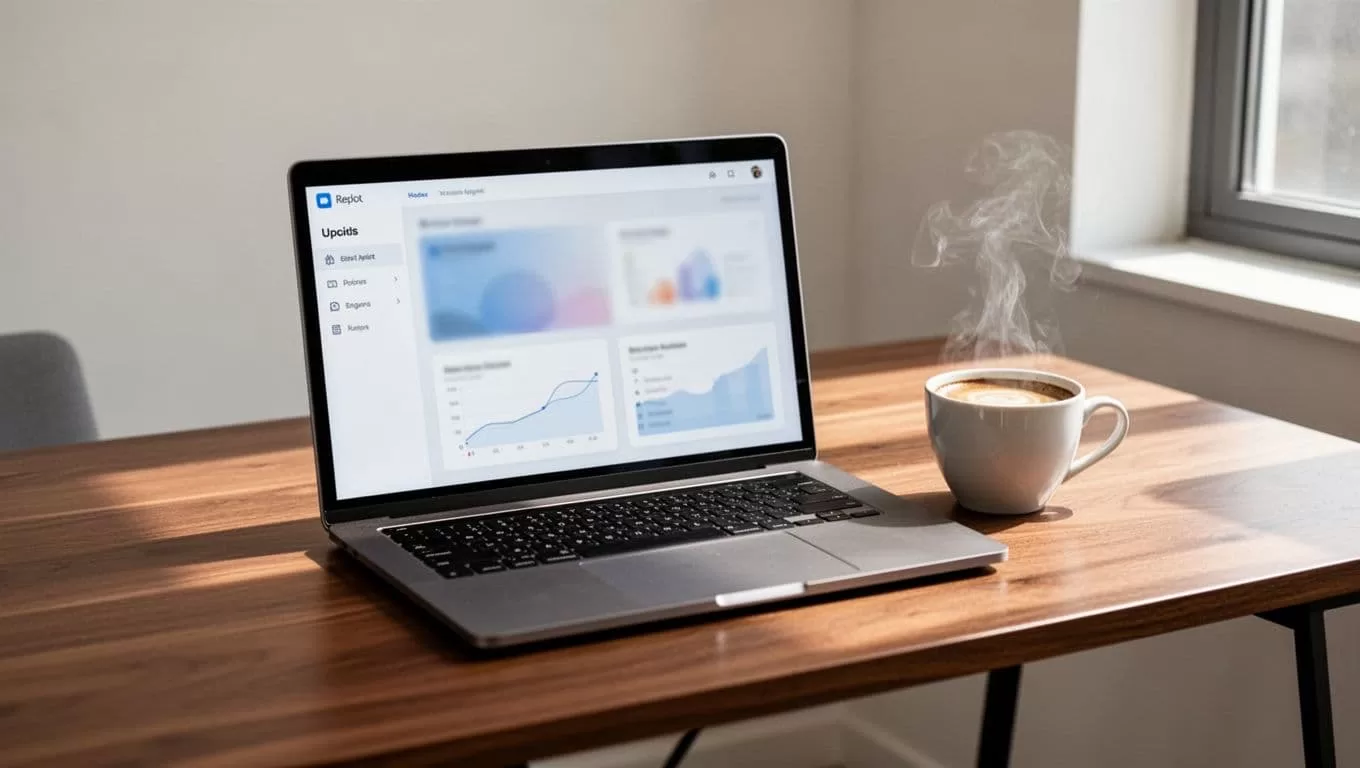 A wooden desktop features a laptop displaying a blurred dashboard and a fresh cup of coffee. A dark green banner with white text stating Scaling Content floats prominently above the workspace.