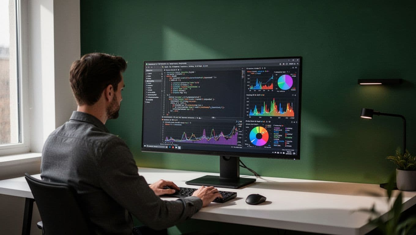One person works at a computer showing code and data metrics.