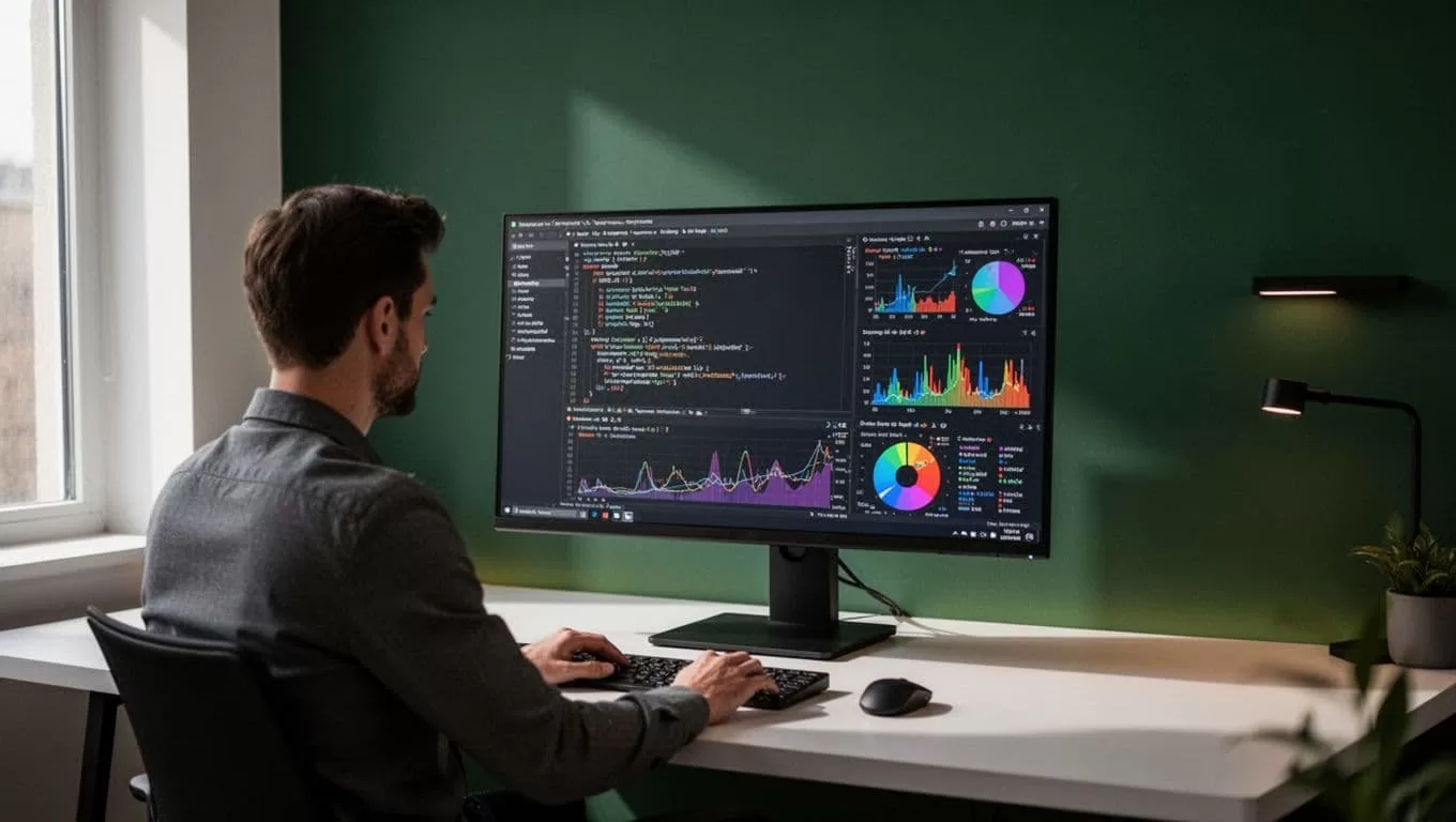 One person works at a computer showing code and data metrics.