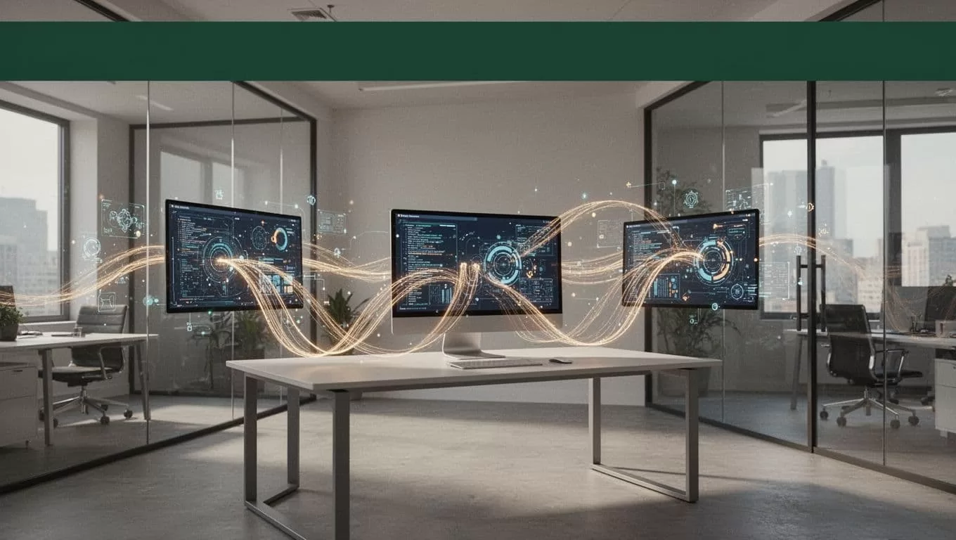 A dark green header sits above a sleek professional workspace featuring abstract geometric icons representing data flow. This clean office environment uses minimalist aesthetics to illustrate efficient executive business operations.