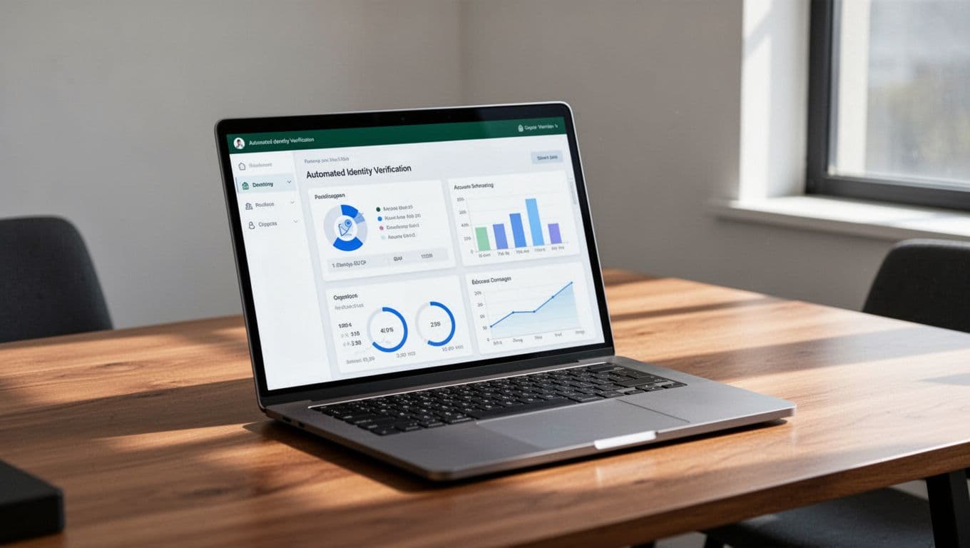 A laptop on a wooden desk showing an identity verification dashboard.