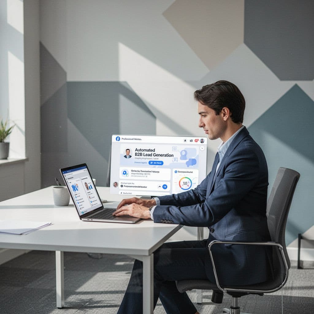 A minimalist workspace features a slim laptop placed on a clean desk surface. Soft geometric shapes in muted professional tones surround the professional figure, illustrating a streamlined digital marketing workflow.