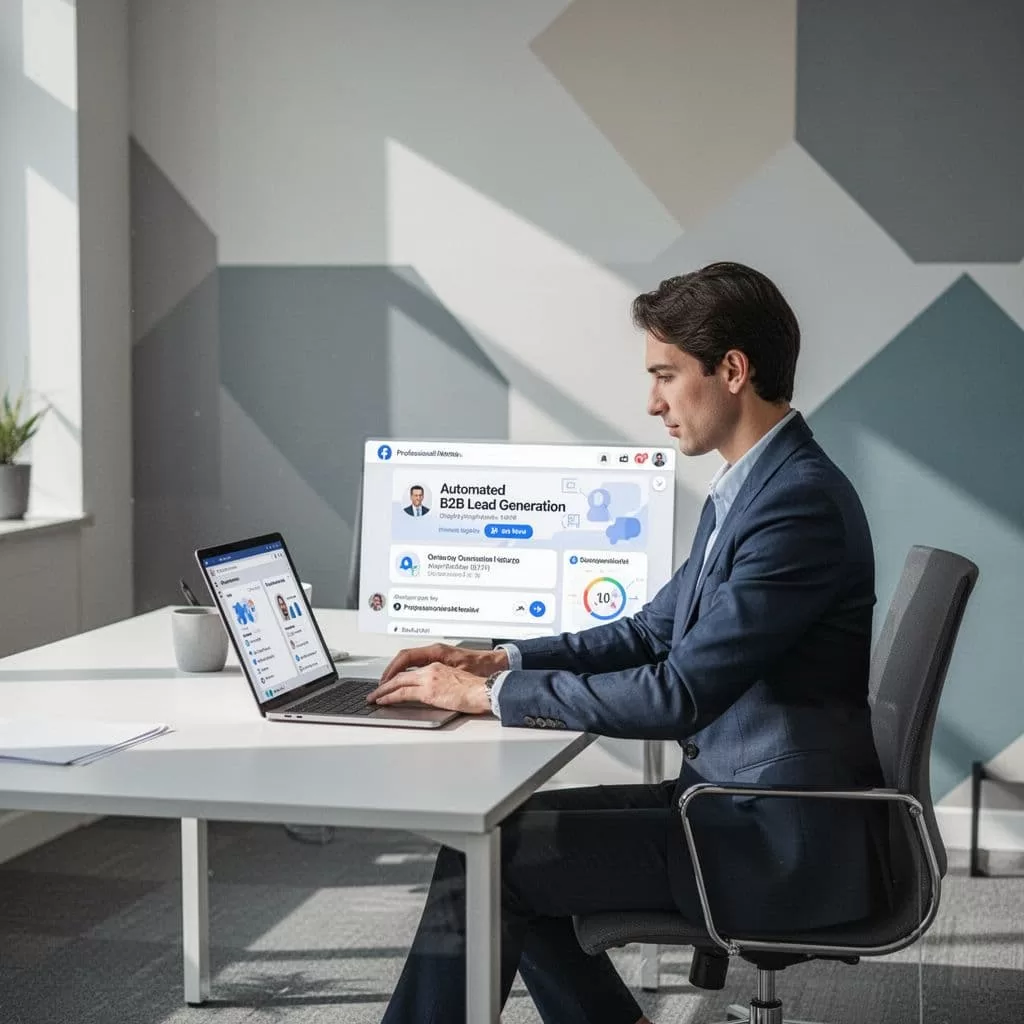 A minimalist workspace features a slim laptop placed on a clean desk surface. Soft geometric shapes in muted professional tones surround the professional figure, illustrating a streamlined digital marketing workflow.