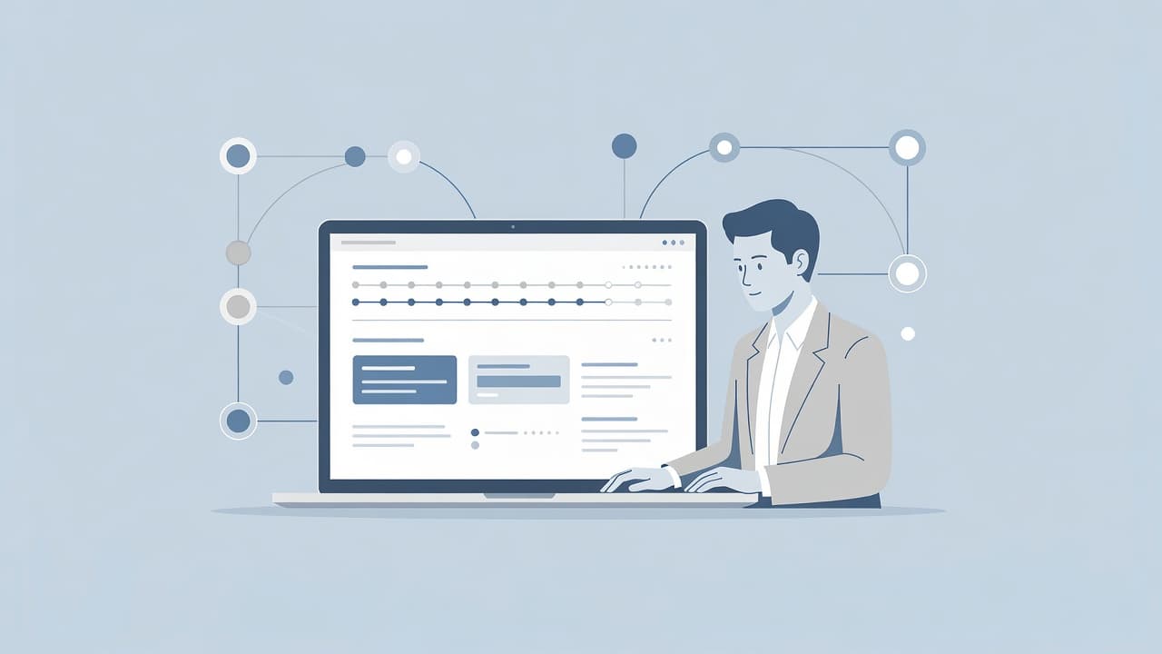 A minimalist workspace features a person navigating a sleek laptop interface with organized digital content blocks. The scene utilizes muted blue and grey tones to suggest efficient, calm professional workflow management.