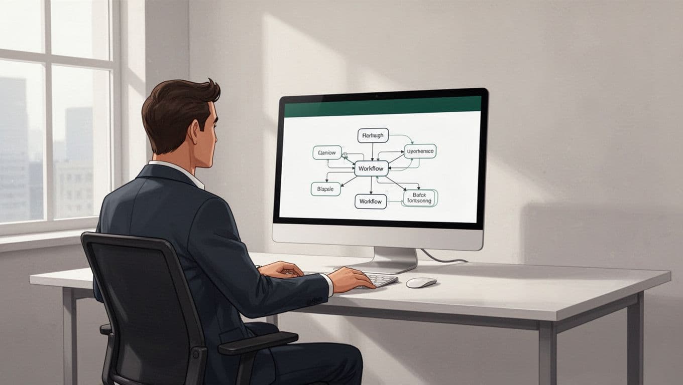 A computer monitor on a clean desk displaying automated messaging workflow nodes.