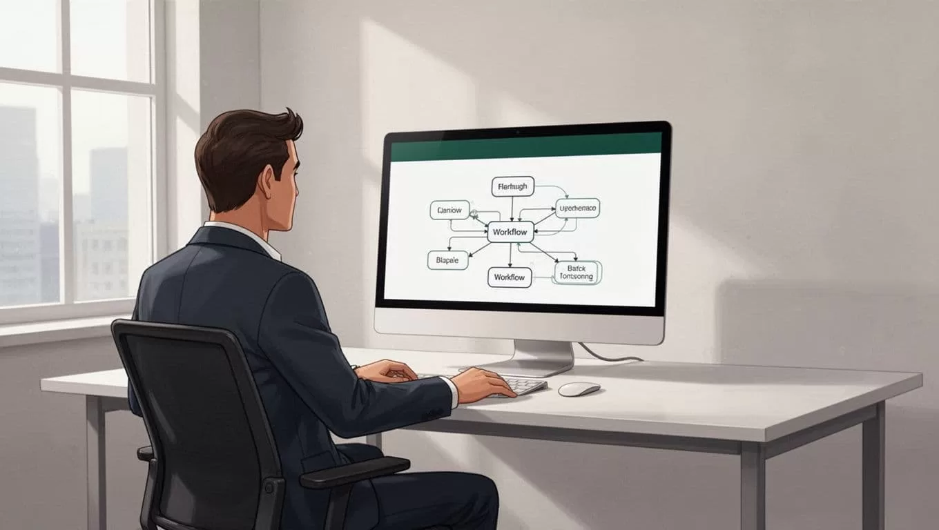 A computer monitor on a clean desk displaying automated messaging workflow nodes.