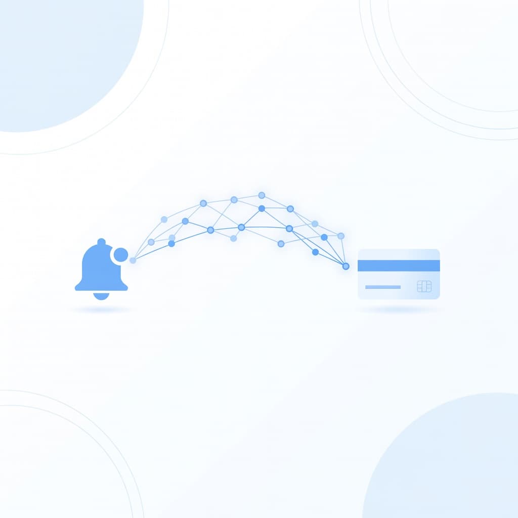 Soft blue and white vector graphics display a bell icon and a credit card shape linked by a flowing path. This minimalist illustration conveys the sequence of automatic membership payment recovery.