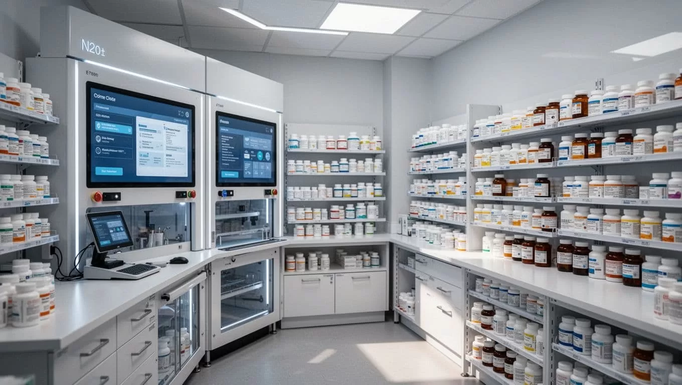 Clinical pharmacy shelving and digital inventory screens in a bright stockroom.