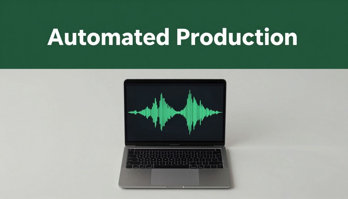 A flat-lay view of an open laptop on a clean desk displays abstract audio waveforms transforming into video clips. A prominent green banner at the top features white bold text.