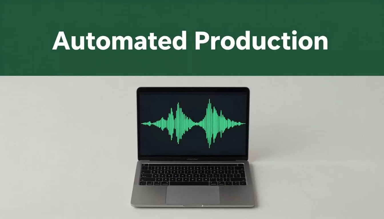 A flat-lay view of an open laptop on a clean desk displays abstract audio waveforms transforming into video clips. A prominent green banner at the top features white bold text.
