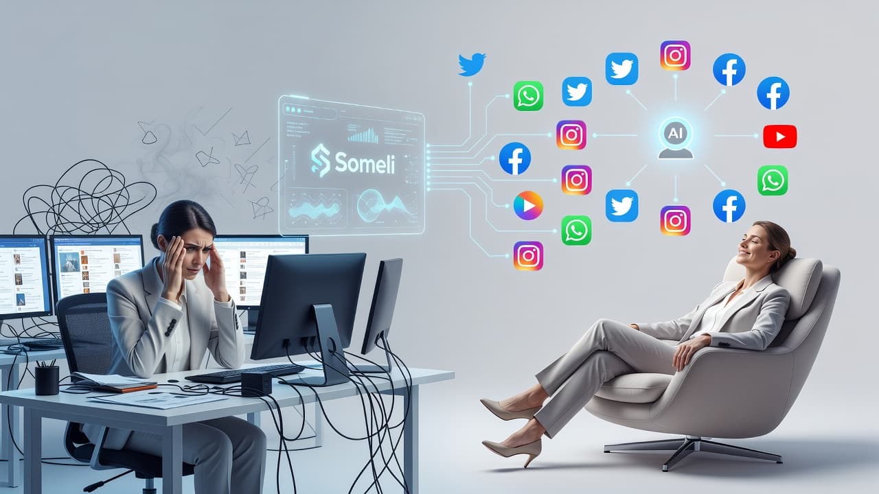 A relaxed individual sits comfortably while vibrant social media icons hover in the air, neatly organized by an invisible system. The clean minimalist design uses soft, inviting tones to illustrate ease.