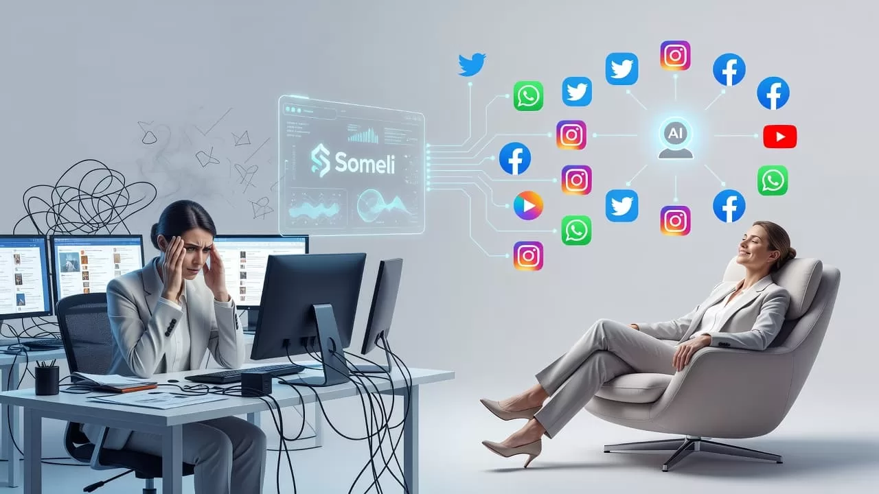 A relaxed individual sits comfortably while vibrant social media icons hover in the air, neatly organized by an invisible system. The clean minimalist design uses soft, inviting tones to illustrate ease.