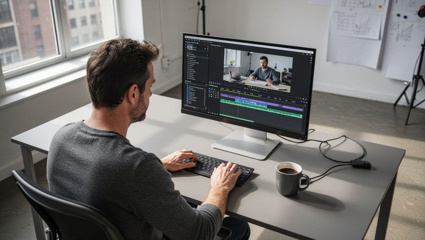 A person sits at a sleek white desk focusing intently on a laptop screen displaying complex video editing software. A bold dark green header bar titled Video Workflow spans the top.