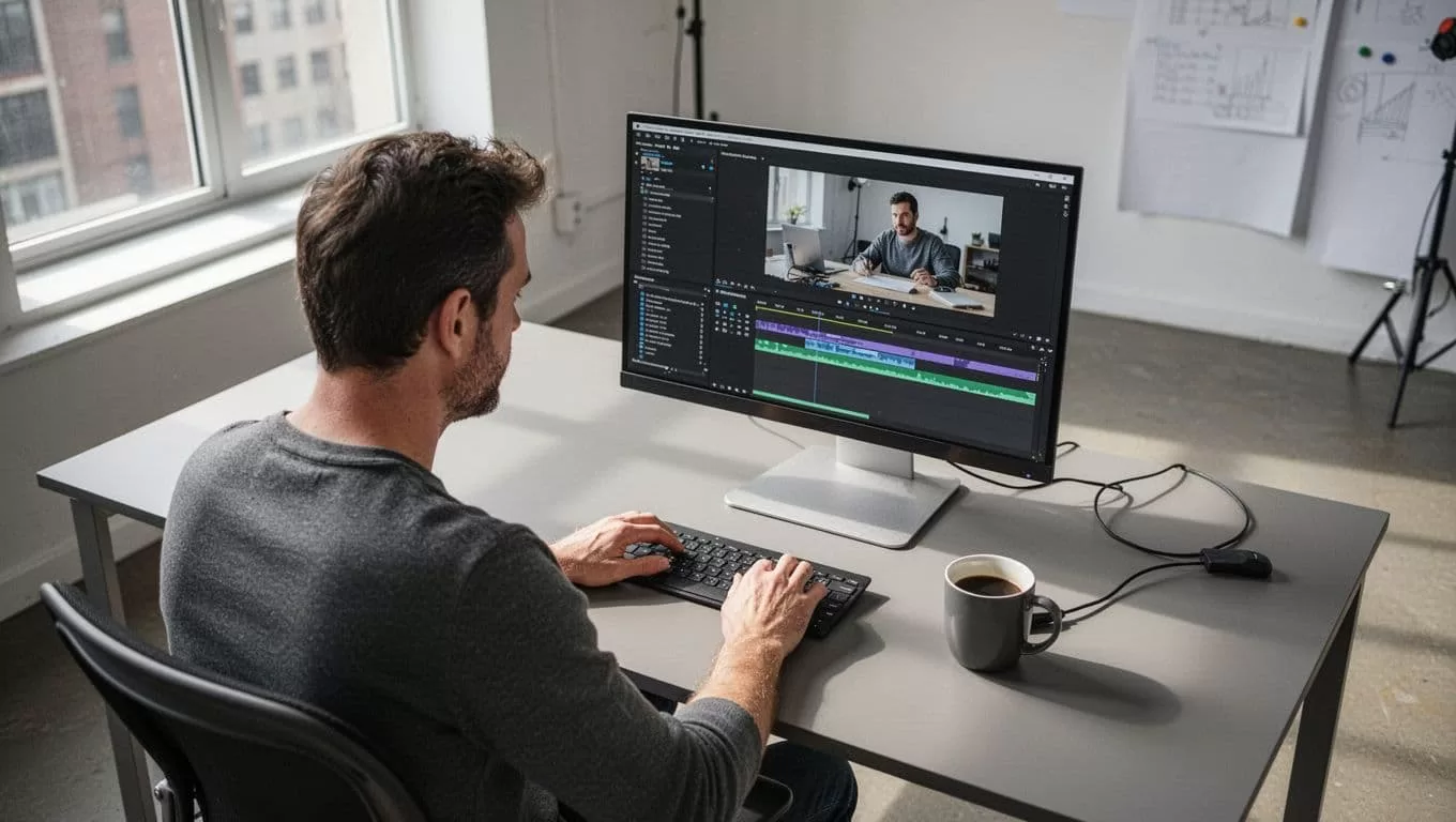 A person sits at a sleek white desk focusing intently on a laptop screen displaying complex video editing software. A bold dark green header bar titled Video Workflow spans the top.