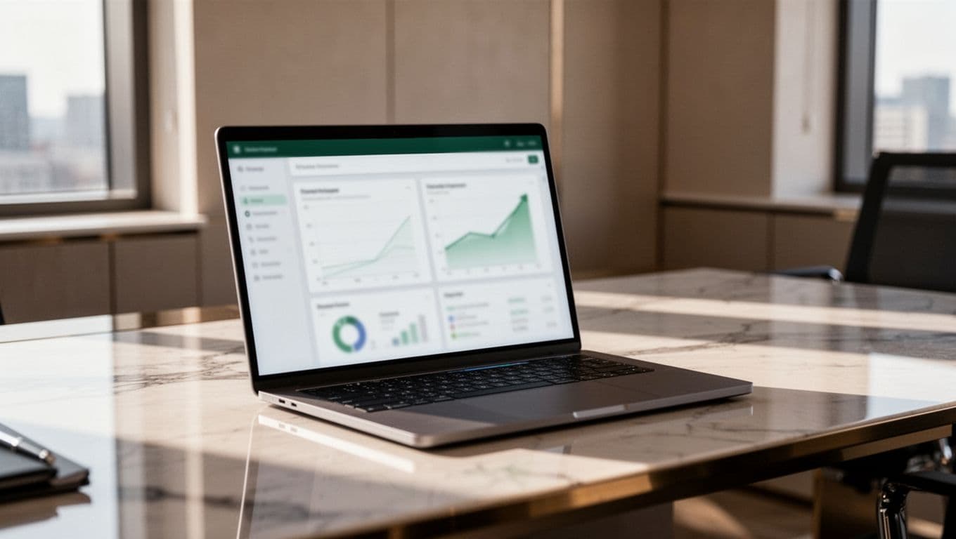 A laptop on a desk showing professional data charts and growth metrics for automated website testing.