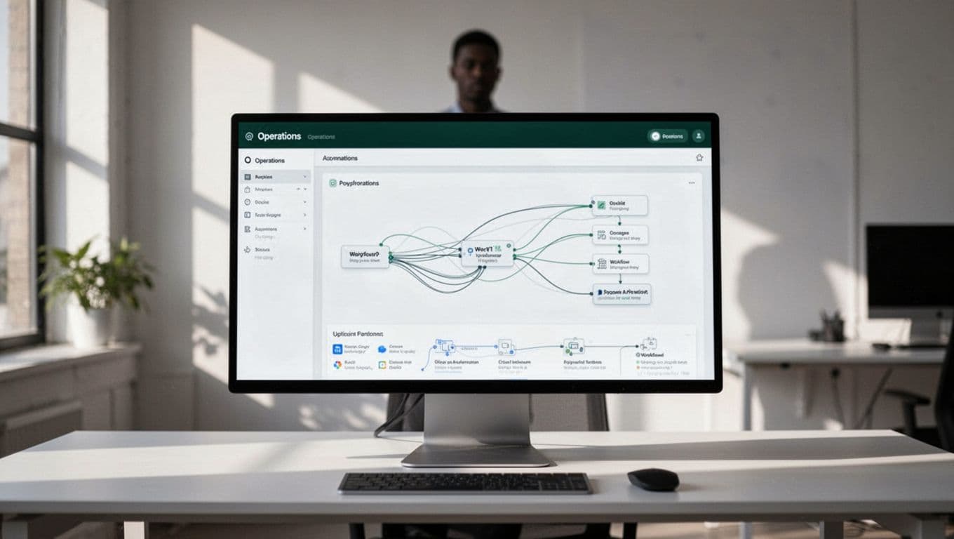 A monitor showing an automation dashboard with one blurred person in the background.