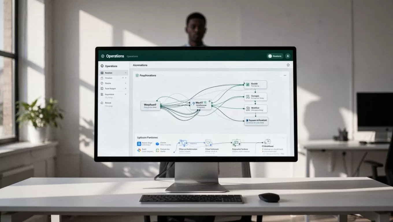 A monitor showing an automation dashboard with one blurred person in the background.