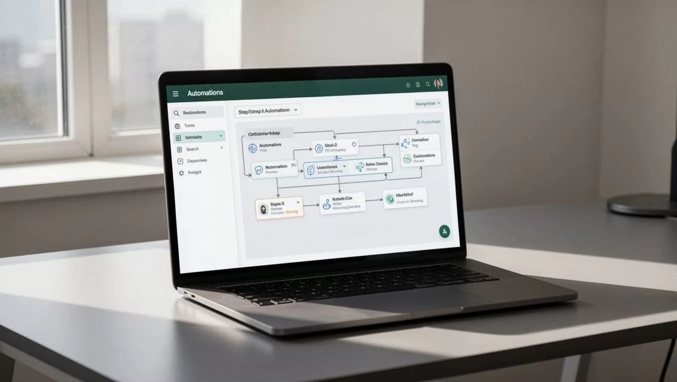 Laptop showing a multi-step automation workflow dashboard with a dark-green Workflow Setup header.