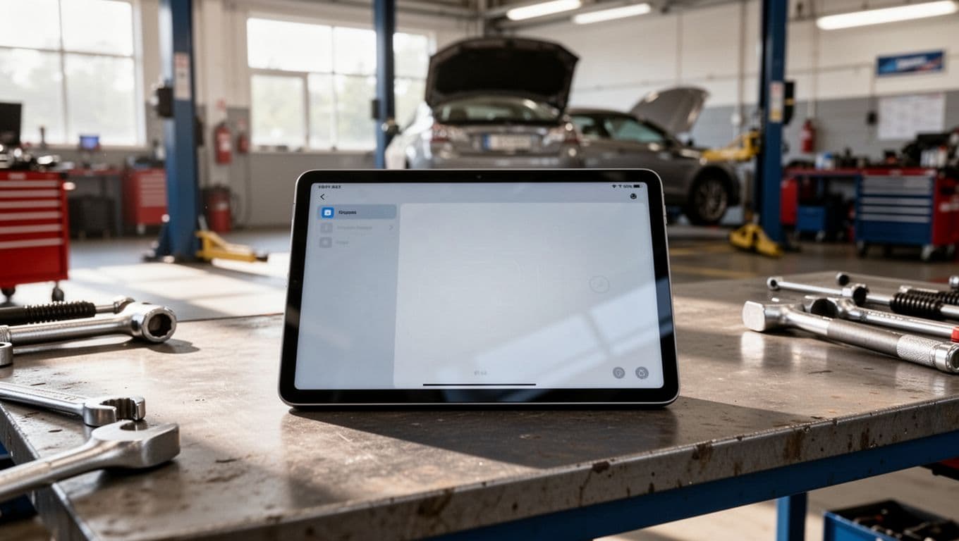 Tablet showing service records on a workbench in a bright automotive service bay.