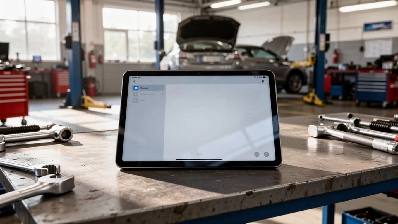 Tablet showing service records on a workbench in a bright automotive service bay.