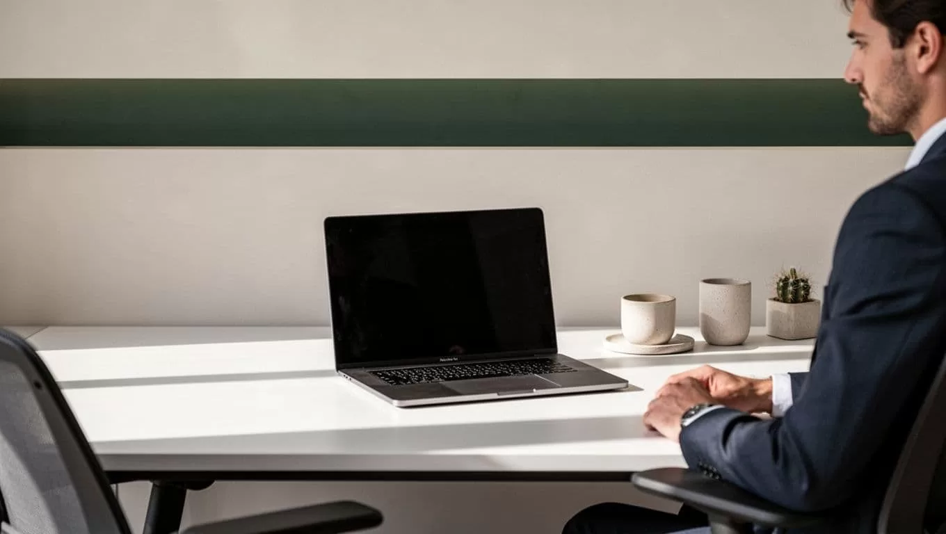 An open laptop on a desk showing software analytics with a green headline banner.