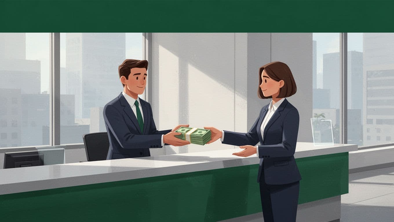 A flat vector illustration of a customer collecting cash at a bank counter.