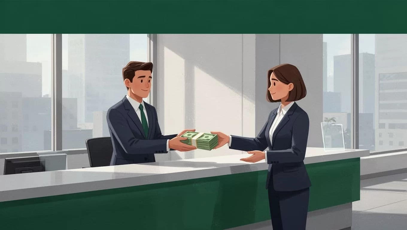 A flat vector illustration of a customer collecting cash at a bank counter.
