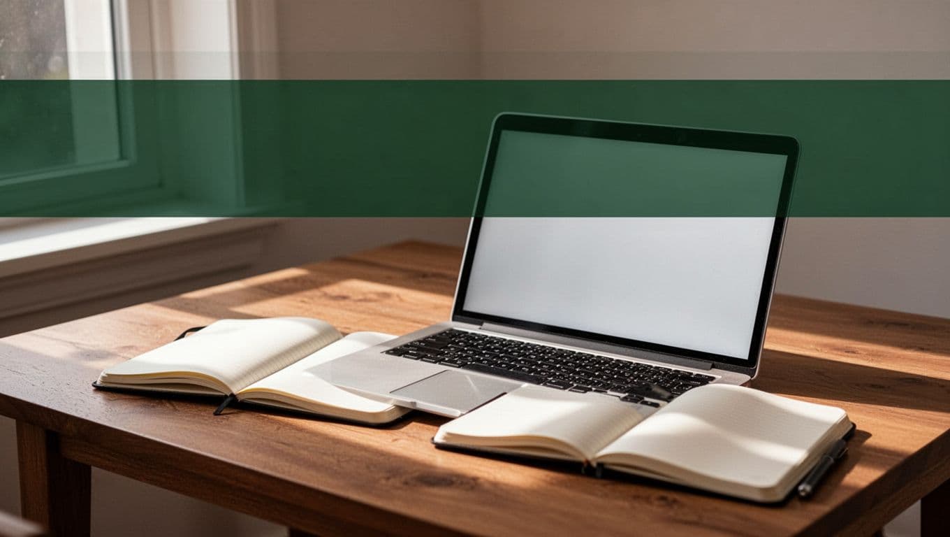 A laptop and notebook on a desk below a dark green banner.