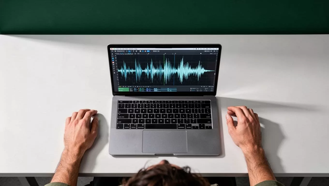 A clean desk setup below a dark green banner with a laptop showing audio waveforms.