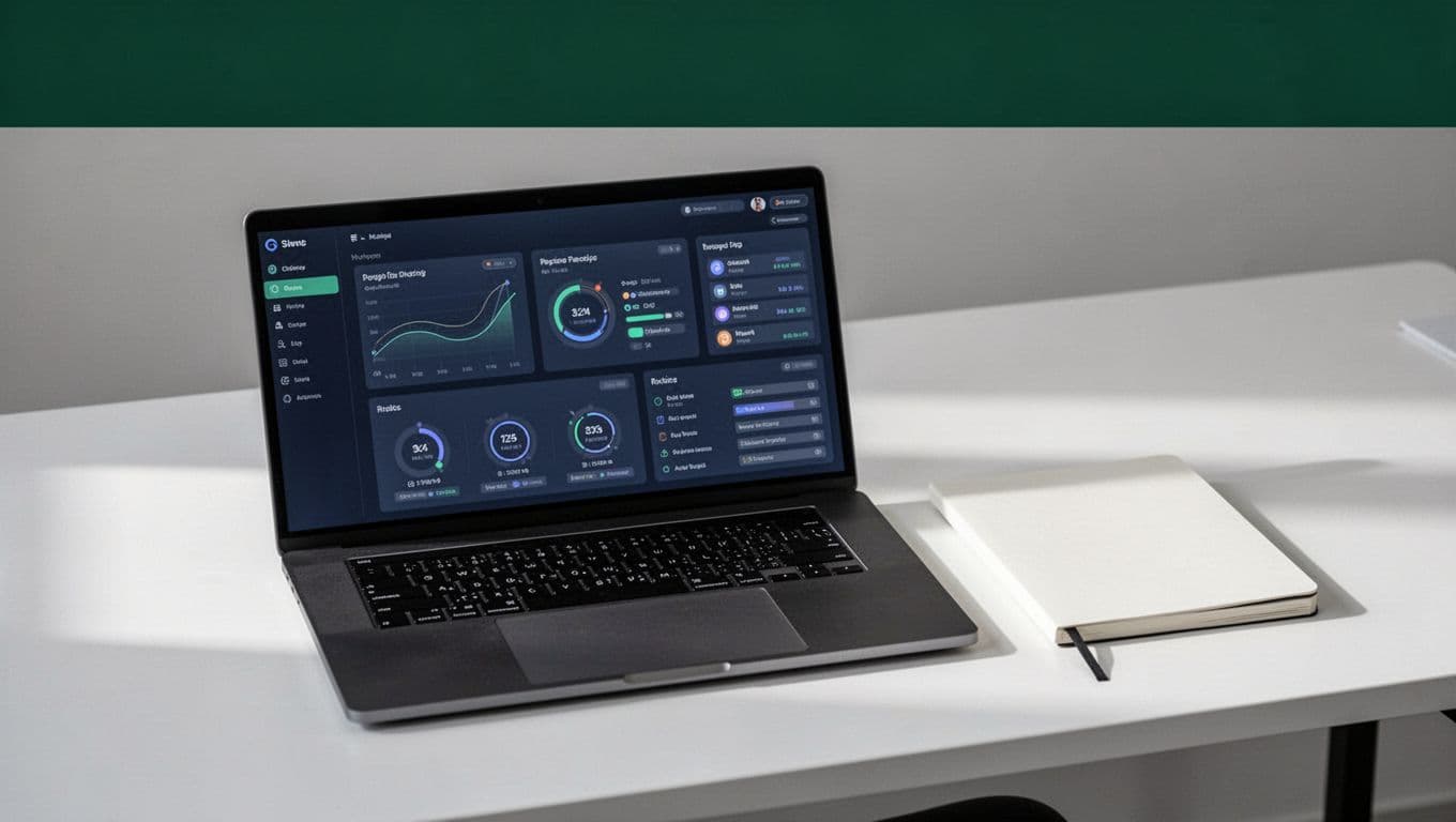 A SaaS analytics dashboard displayed on a laptop beside a notebook on a desk under professional lighting.