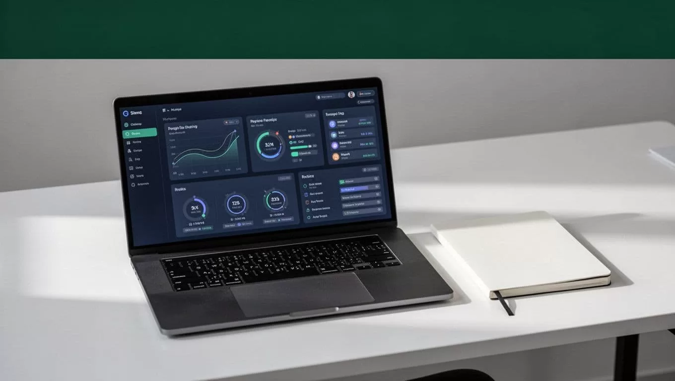 A SaaS analytics dashboard displayed on a laptop beside a notebook on a desk under professional lighting.