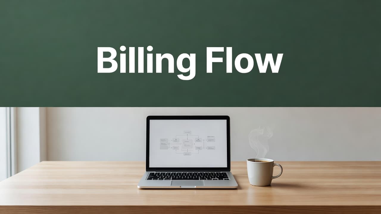 A minimalist desk with a laptop and coffee beneath a billing banner.
