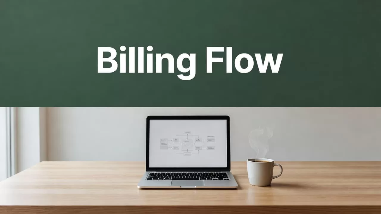 A minimalist desk with a laptop and coffee beneath a billing banner.
