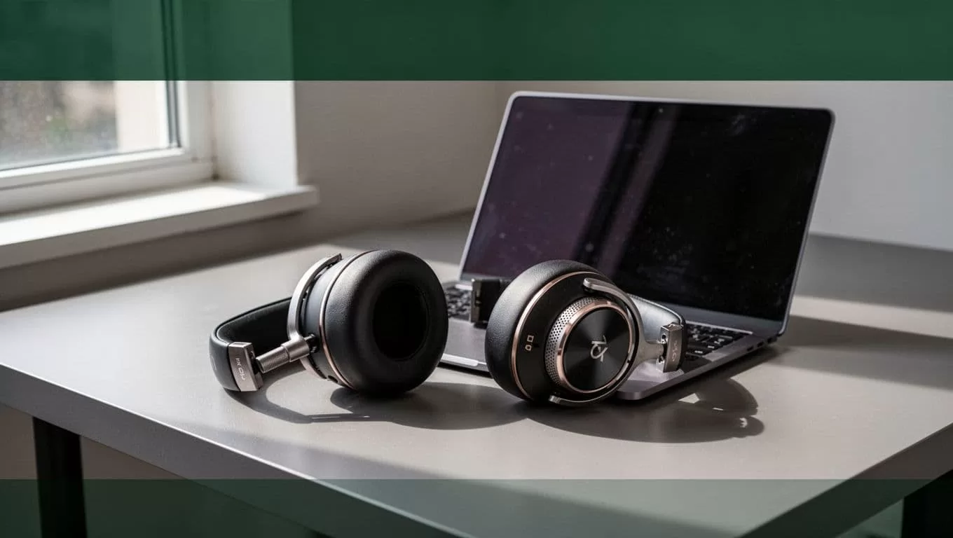 Professional headphones and a laptop sitting on a clean desk with a green blog audio header.