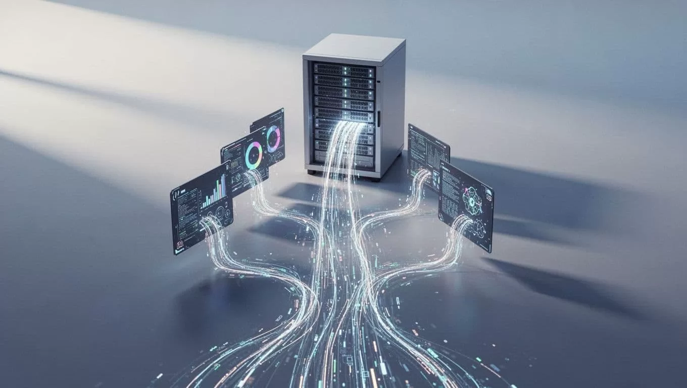 A data pipeline connects board assets to a database beneath a bold headline.