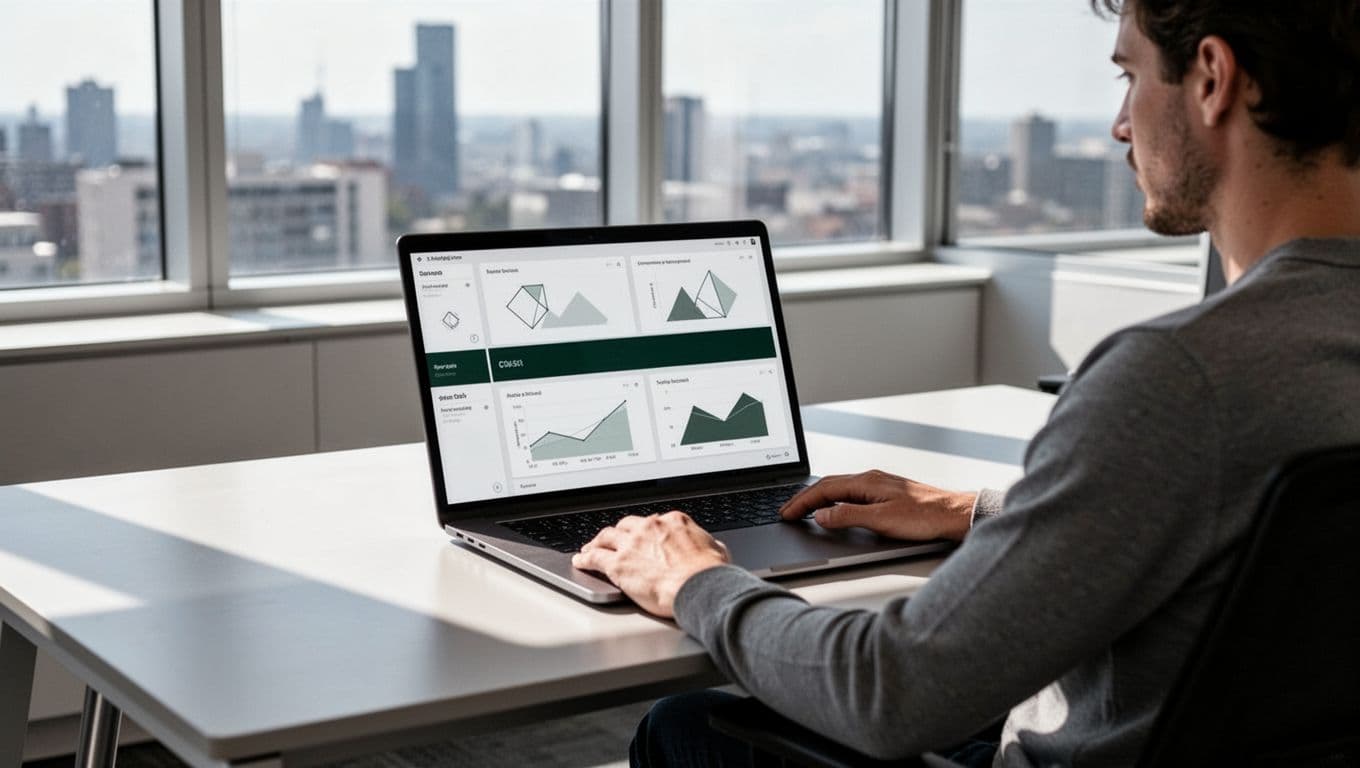 An open laptop showing a data dashboard sits on a modern office desk.