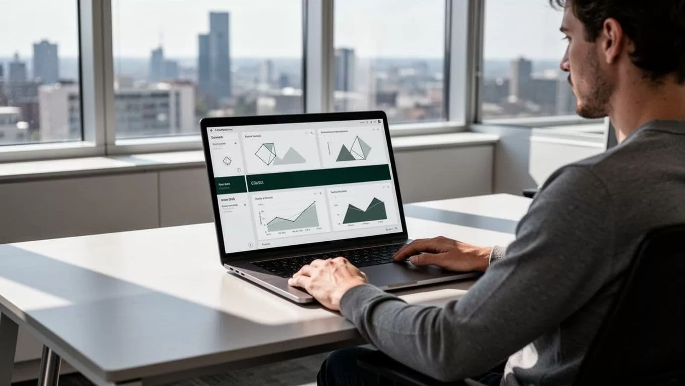 An open laptop showing a data dashboard sits on a modern office desk.