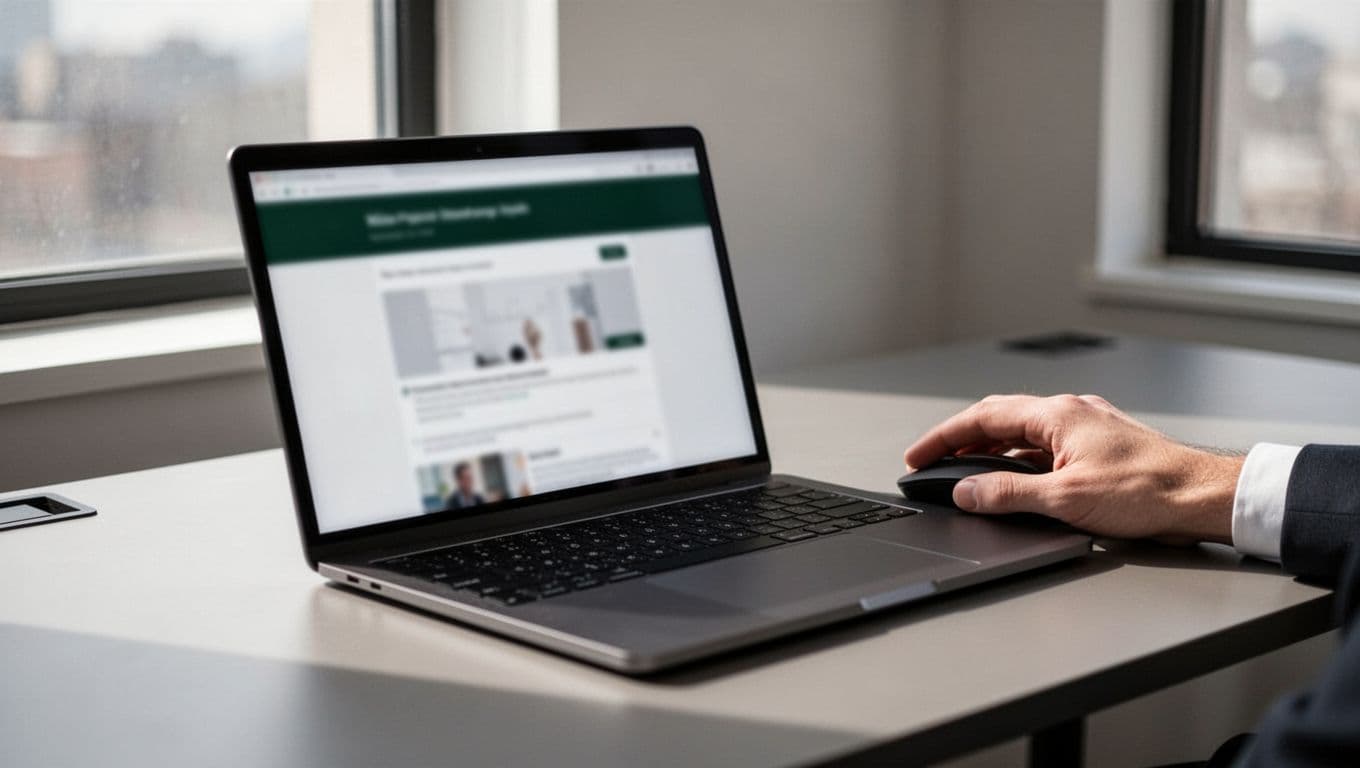 A close-up view of a clean desktop interface featuring a sleek web browser. A professional hand operates a mouse, highlighting the seamless integration within a modern, minimalist digital workspace environment.