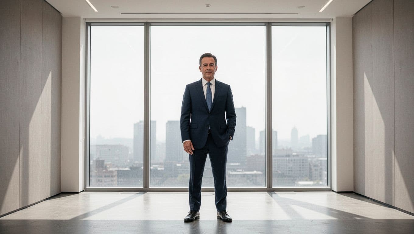 A confident professional stands in a sleek, minimalist office featuring a large glass window. A prominent dark-green horizontal banner at the top displays bold white text reading Building Authority.