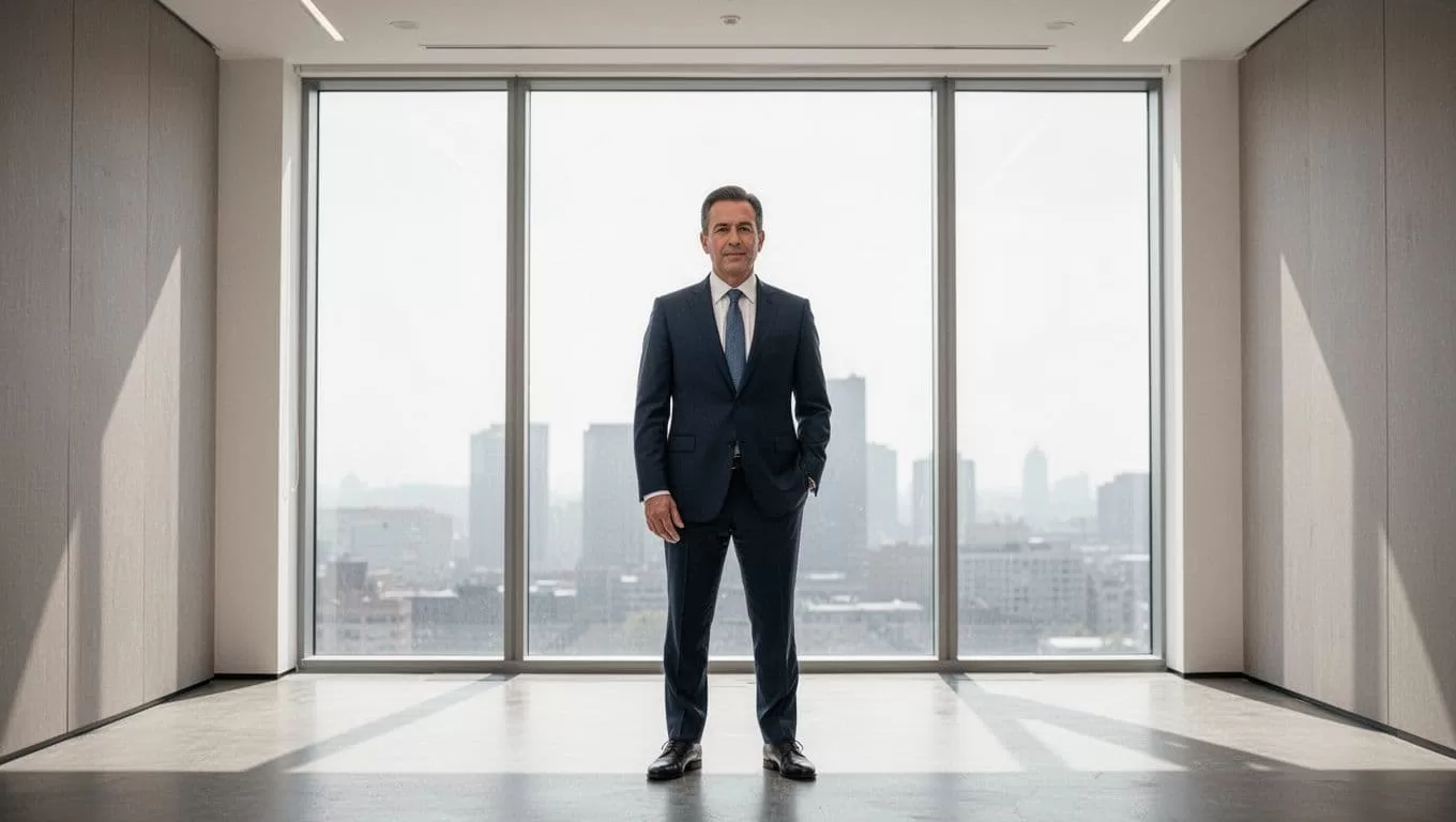 A confident professional stands in a sleek, minimalist office featuring a large glass window. A prominent dark-green horizontal banner at the top displays bold white text reading Building Authority.