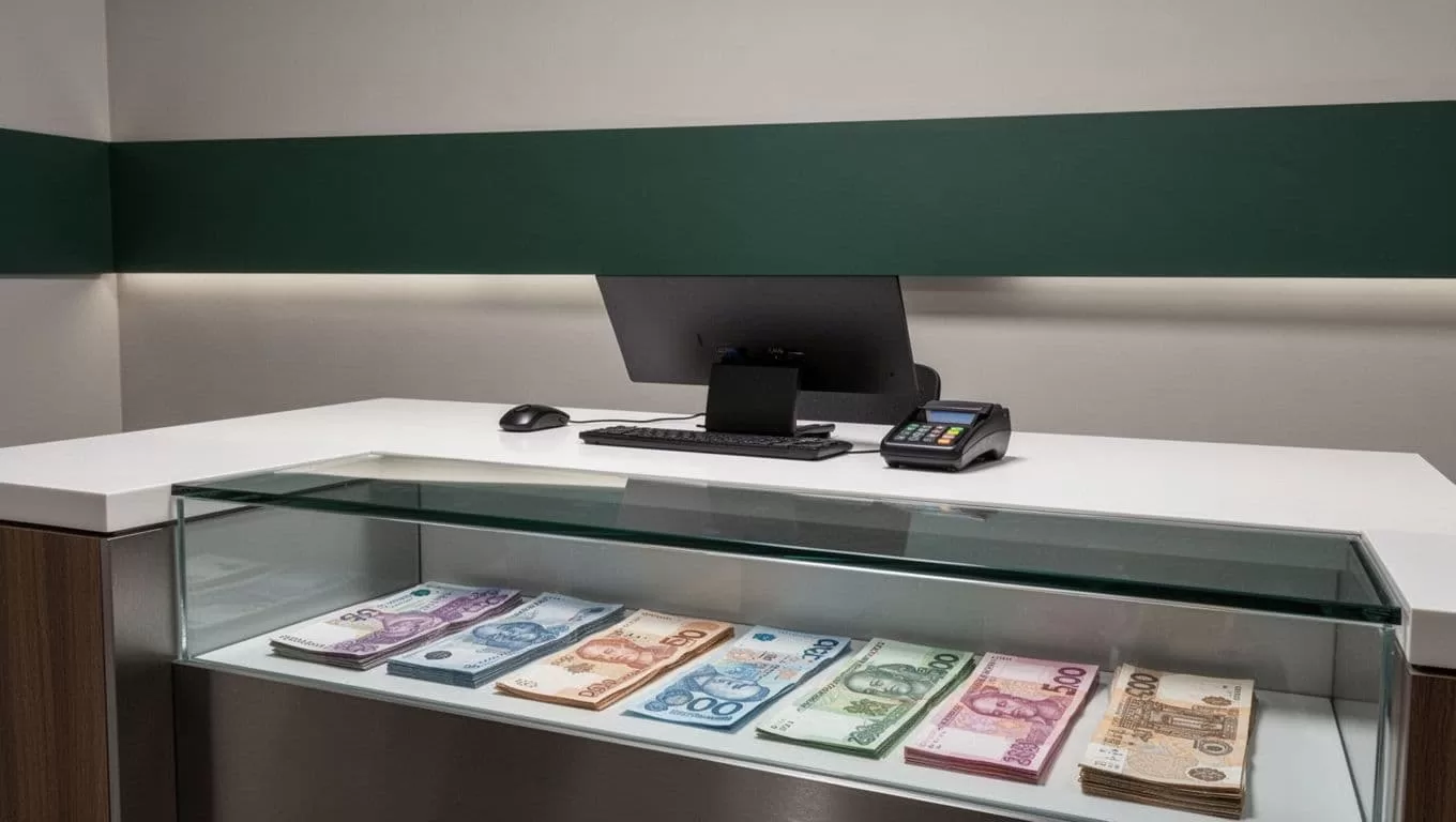 Modern currency exchange counter beneath a dark-green Cash Pickup banner.