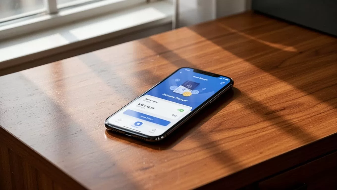 A smartphone showing a money transfer app resting on a wooden desk beneath a dark green header.