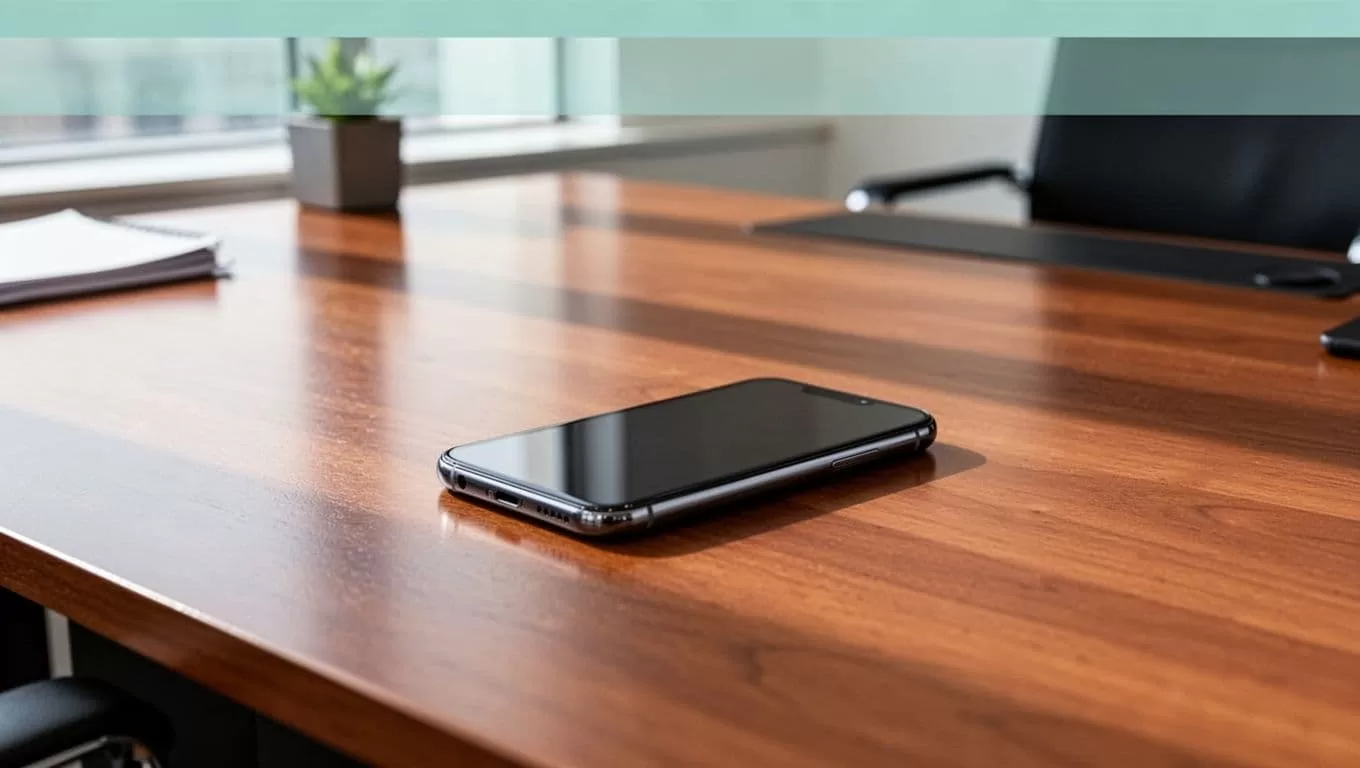 A smartphone sits on a wooden office desk representing a money transfer cash pickup.