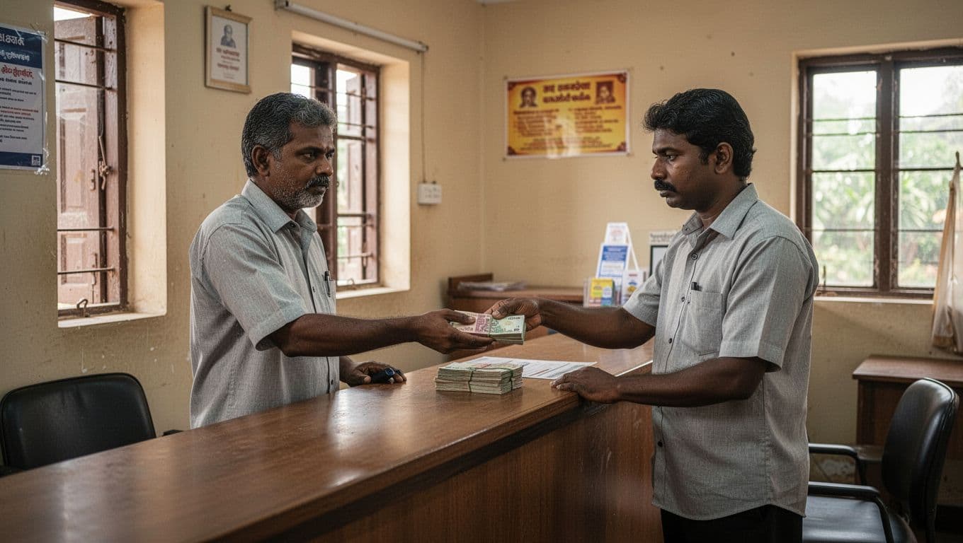 A person receiving cash from a teller at a bank counter.