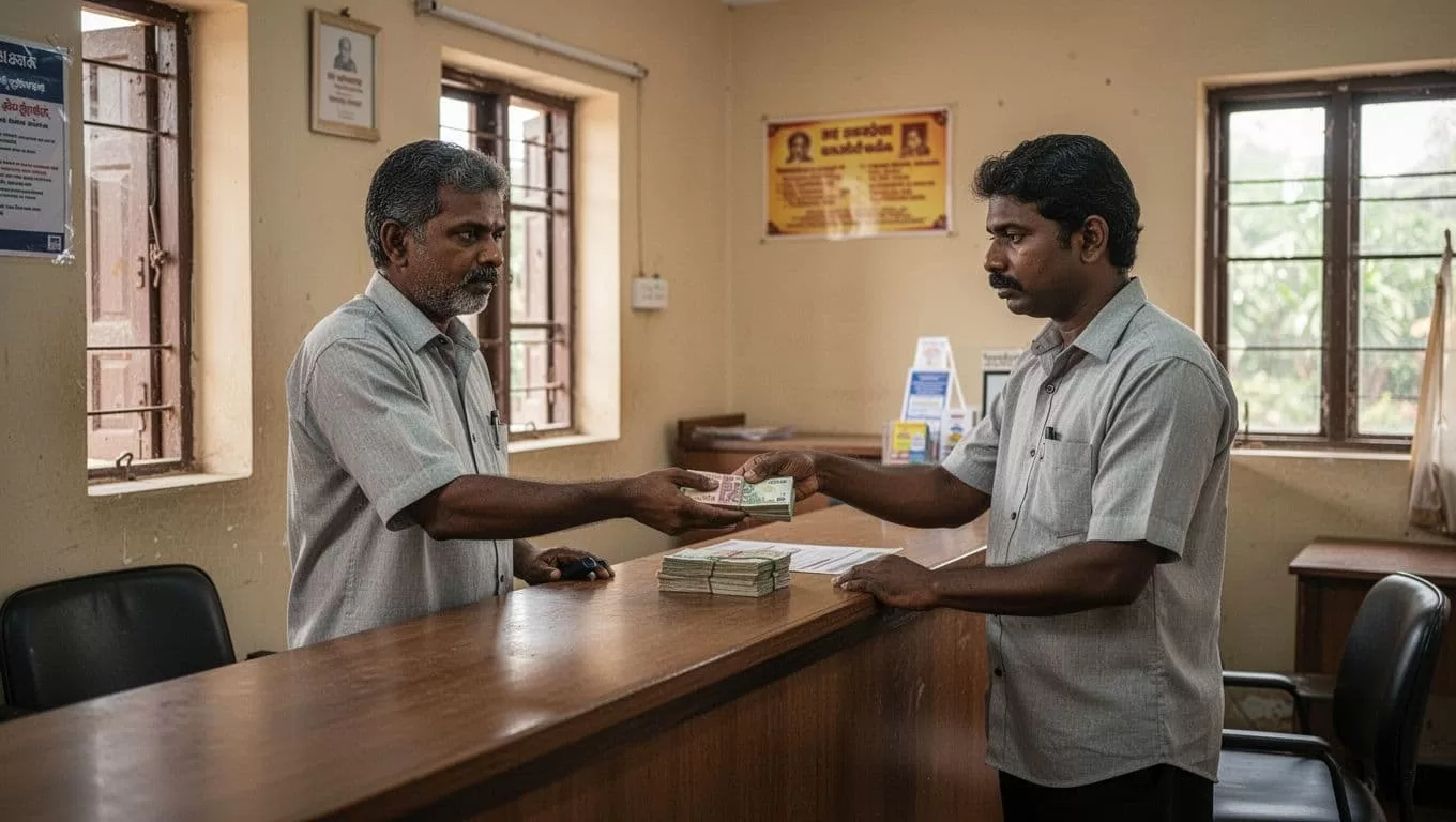 A person receiving cash from a teller at a bank counter.