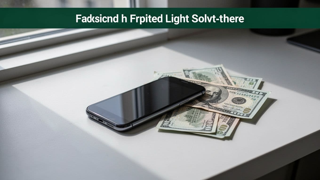 A smartphone and cash on a modern desk beneath a Cash Pickup headline.