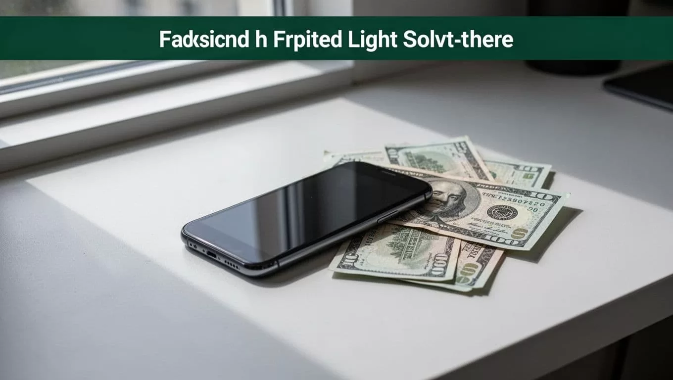 A smartphone and cash on a modern desk beneath a Cash Pickup headline.