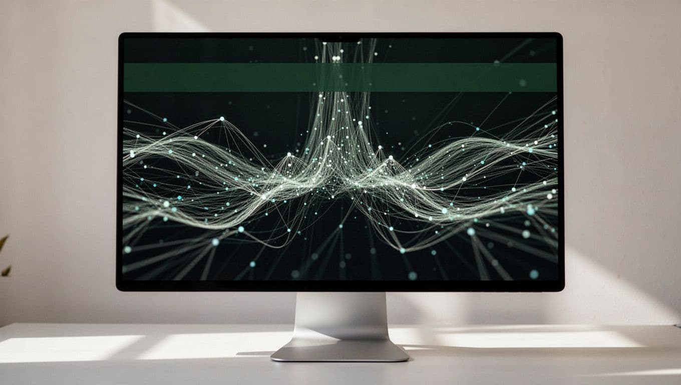 A sleek computer monitor displays complex abstract data points on a clean screen. A dark green header bar features bold white sans-serif text titled Centralized Control in a minimalist setting.